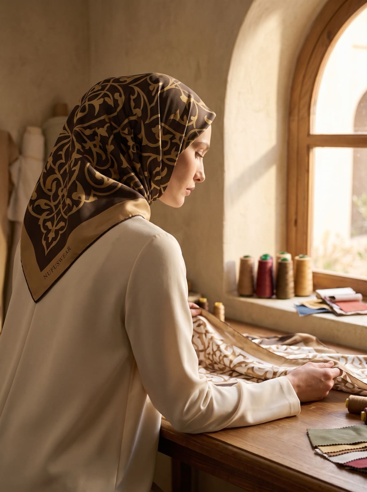 In the Rabat atelier, examining a length of silk